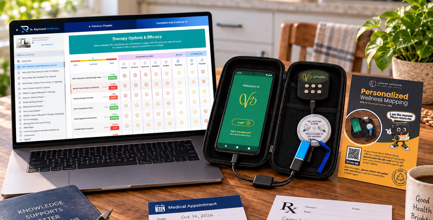 Personalized Wellness Mapping setup with laptop report, V3 QiProfiler kit, connected phone, instruction guide, and wellness materials.